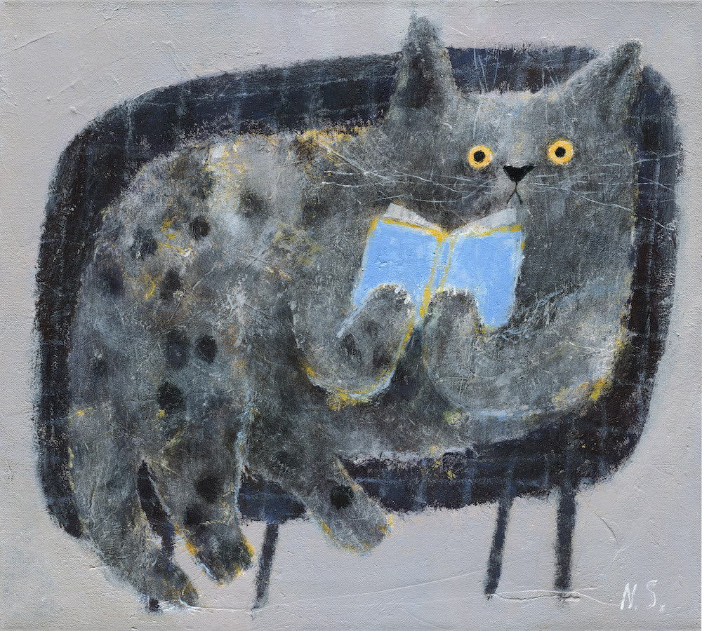 Cat with a Book on a Couch – Original